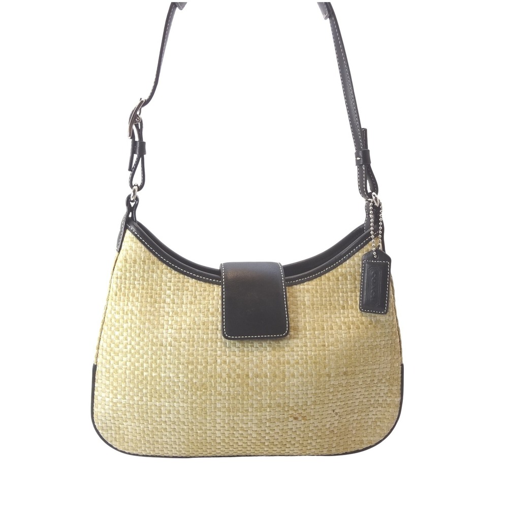 Vintage Coach Hobo Bag Beige Straw Black Leather Excellent Woven 8159